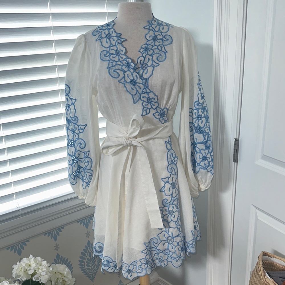 Zimmermann White mini Dress with Blue Embroidery size 3